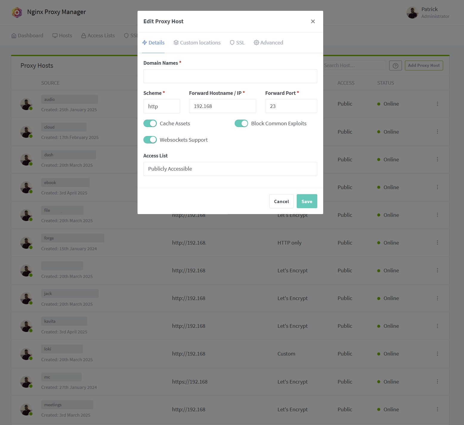 Настройка нового хоста в веб-интерфейсе Nginx Proxy Manager.