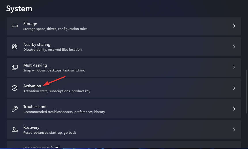 Переход к разделу Активация в Параметры — Система