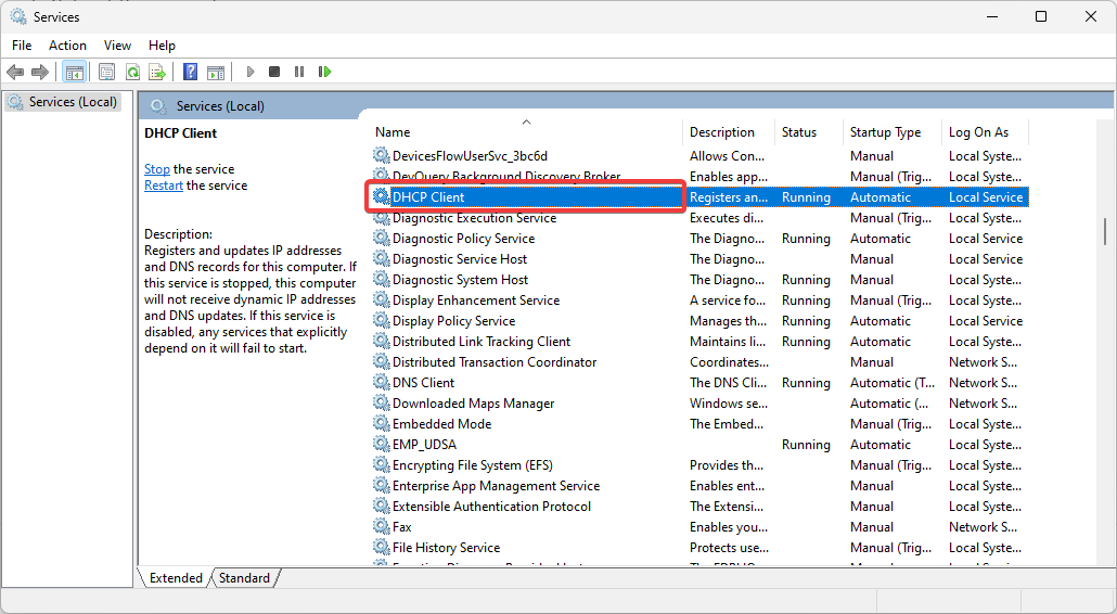 Свойства службы DHCP Client в Windows
