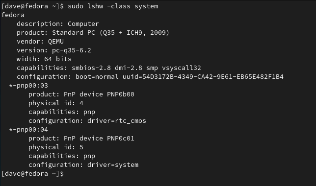 Вывод команды lshw в виртуальной машине GNOME Boxes