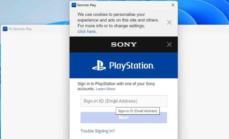 Окно входа в PlayStation App с полями для логина и пароля