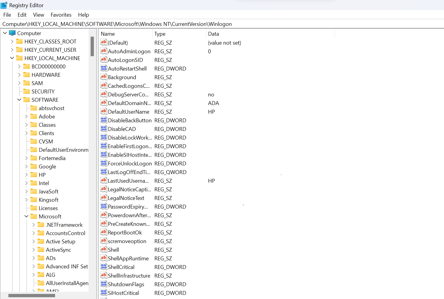 Страница автологина в regedit с DefaultUserName