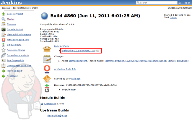 Ссылка на раздел Build Artifacts для загрузки .jar файла сервера