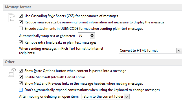Параметры Other с опциями отображения ссылок Next/Previous и вставки