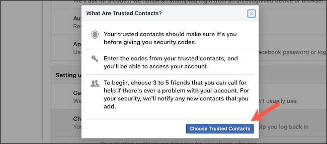 Добавление доверенных контактов на Facebook