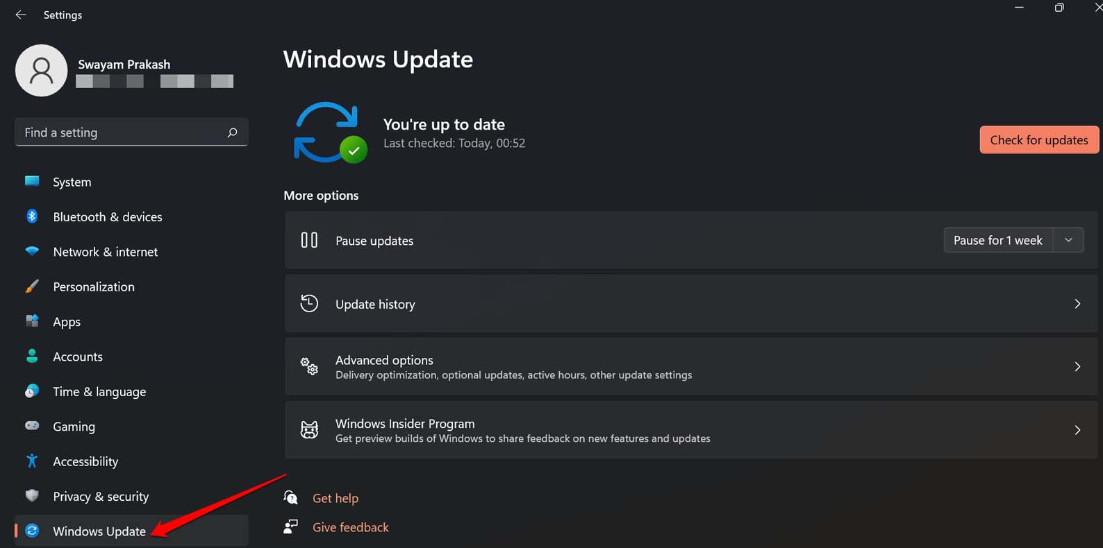 нажать Windows Update