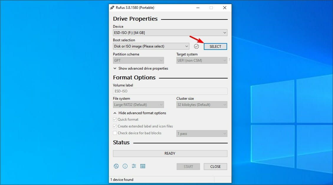 Параметры Rufus — выбор ISO-образа для загрузки