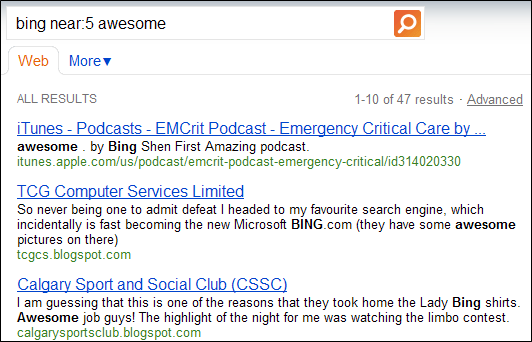 Скриншот: пример оператора near для контроля близости слов