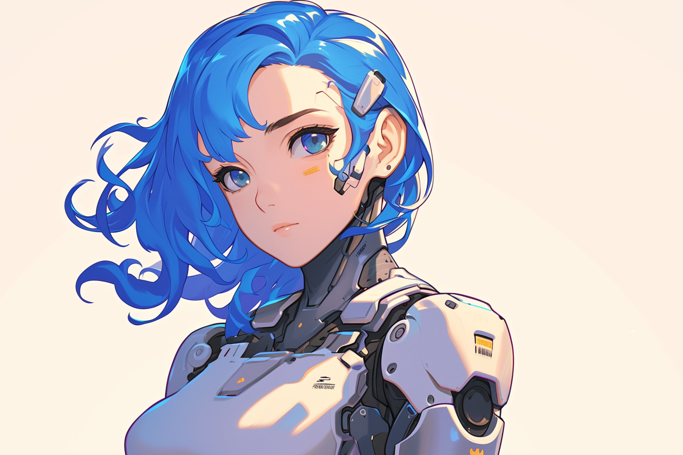 Современный аниме-цифробой с синей прической и видимыми панелями корпуса