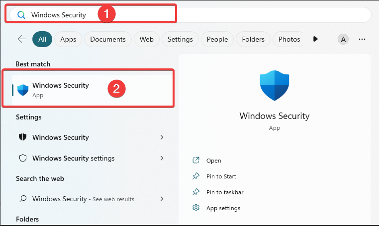 Поиск 'Безопасность Windows' в меню Пуск