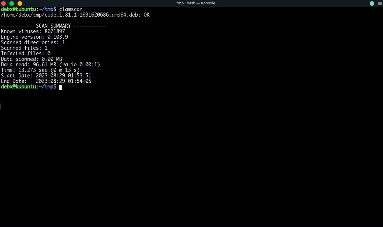 Показ результатов сканирования ClamAV