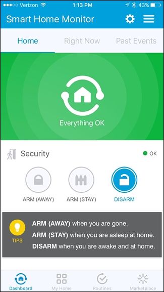 Экран настроек безопасности Smart Home Monitor