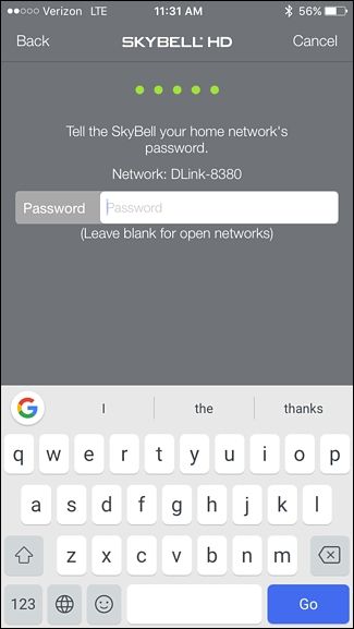 Ввод пароля Wi‑Fi в приложении SkyBell
