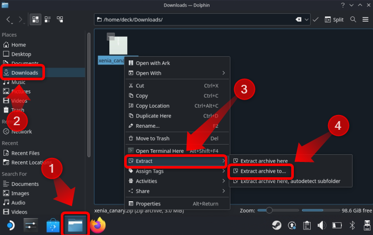 Right click the Xenia zip archive, then select the extract to option and extract the archive in the folder you've created in the Downloads section