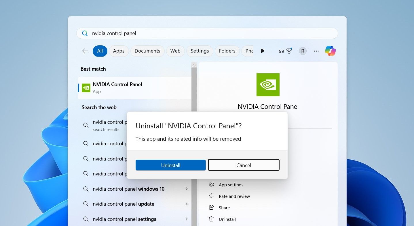 Запрос на удаление NVIDIA Control Panel в Windows