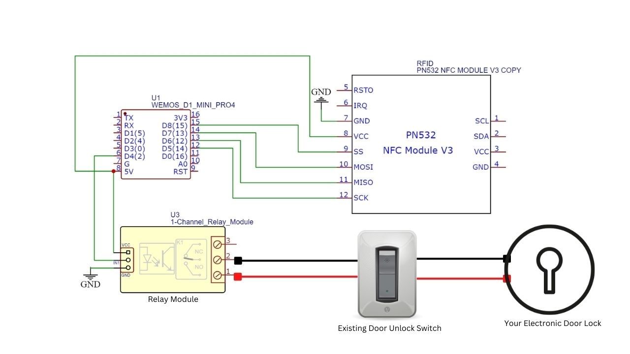 Схема подключения ESP-RFID реле к существующему замку