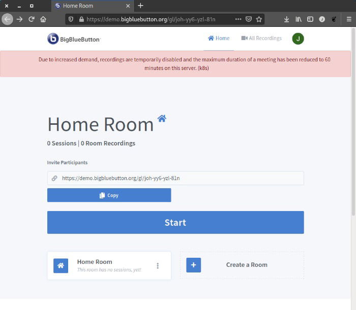 Создание комнаты и кнопка «Start» в интерфейсе BigBlueButton