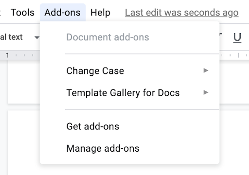 Меню Google Docs с вкладкой Дополнения