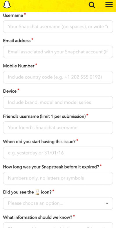 Invio modulo supporto Snapchat