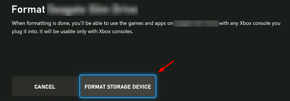 Экран подтверждения форматирования устройства хранения на Xbox Series X