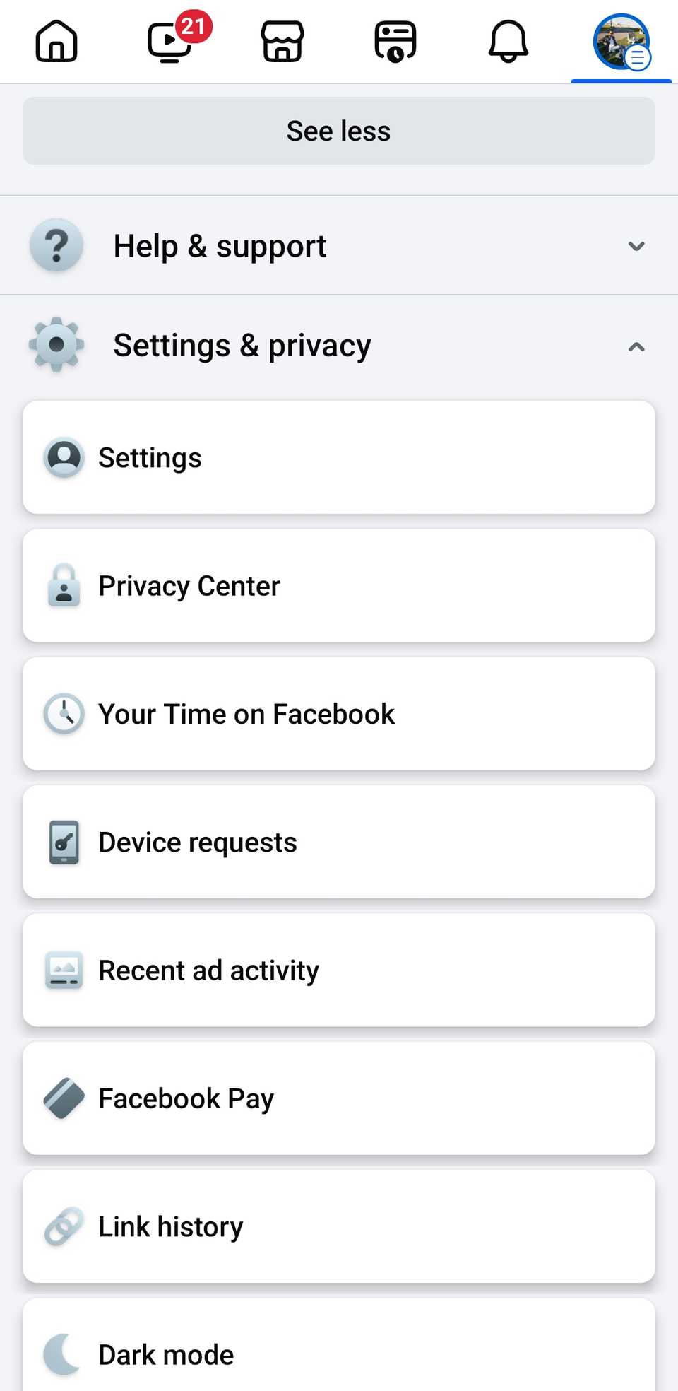 Меню настроек в мобильном приложении Facebook