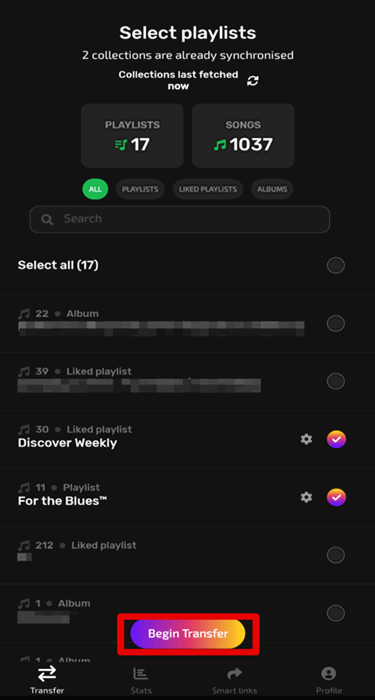Начало переноса плейлиста в FreeYourMusic