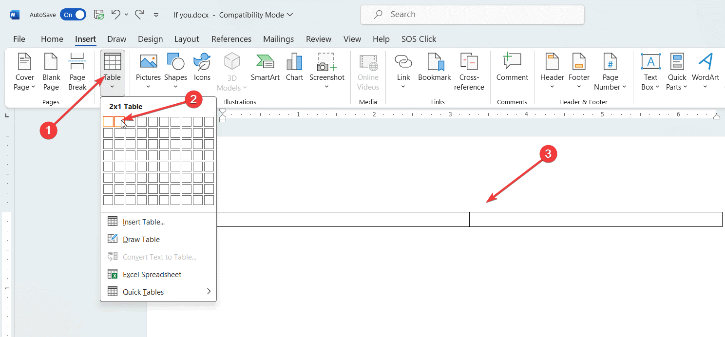 Вставка таблицы 2 на 1 в Word