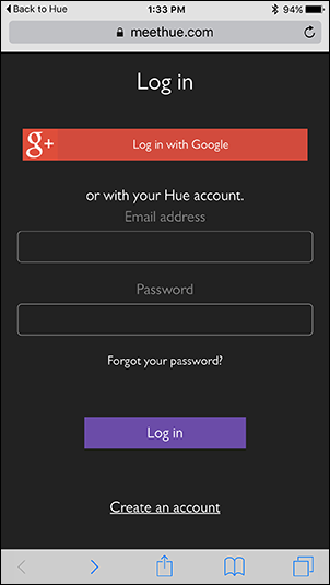 Страница регистрации учетной записи My Hue в браузере
