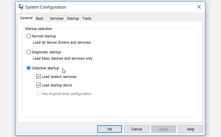 Настройка параметров Selective Startup