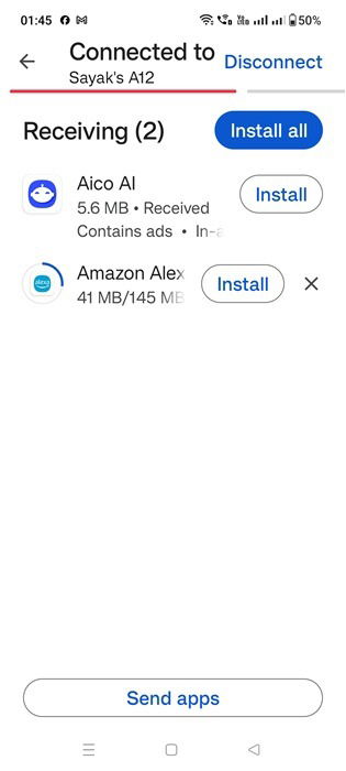 Получение нескольких приложений через Nearby Share в Google Play с отображением прогресса.