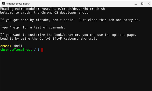 Скриншот: Crosh с командной строкой для установки xiwi