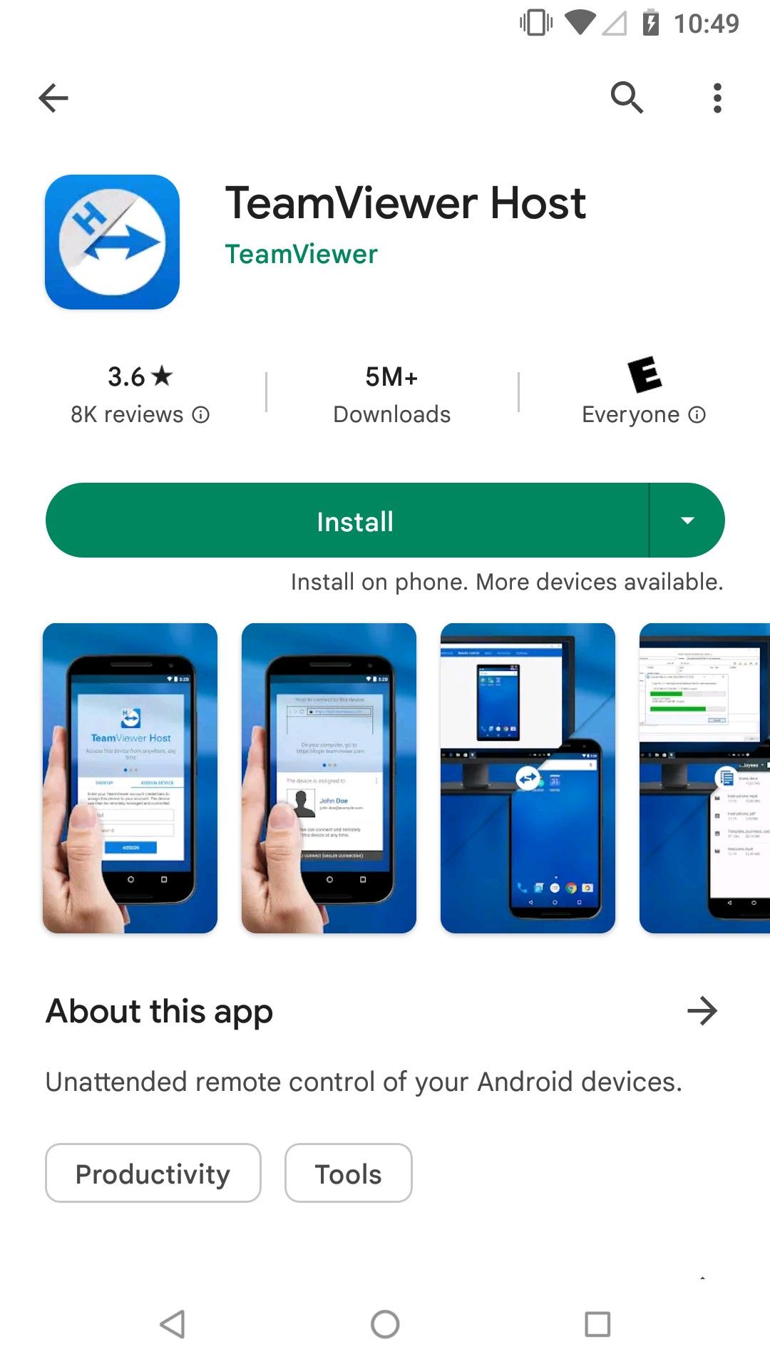The Google Play listing of TeamViewer Host