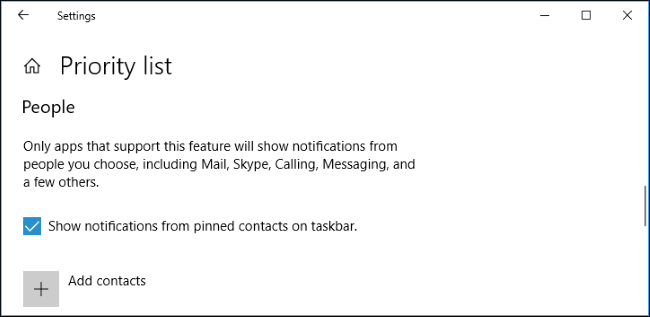 Секция 'Люди' в настройках Focus Assist — добавление контактов