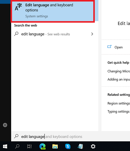 Поиск «Изменить язык и параметры клавиатуры» в Windows