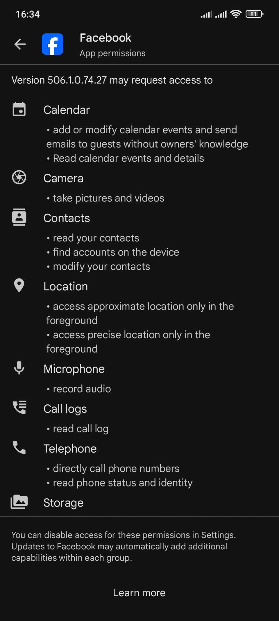 Список разрешений Facebook в Google Play Store
