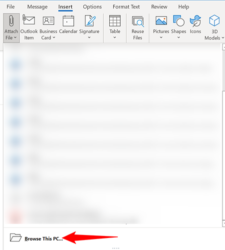 В Outlook выберите Вставка → Прикрепить файл → Обзор на этом компьютере