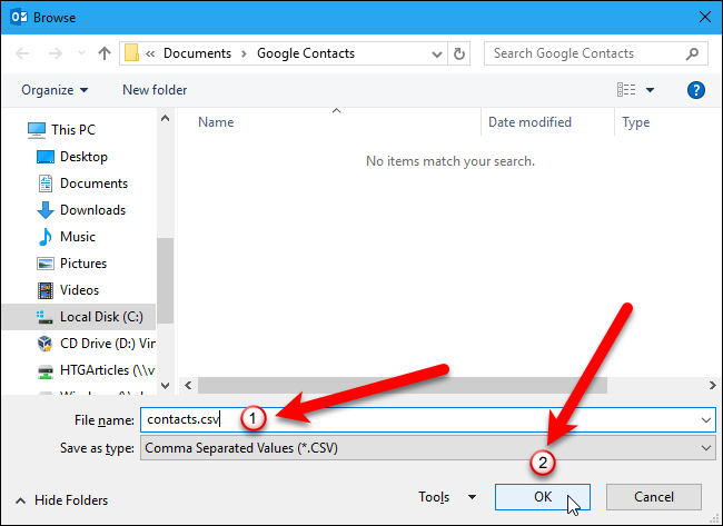Сохранение CSV-файла контактов из Outlook