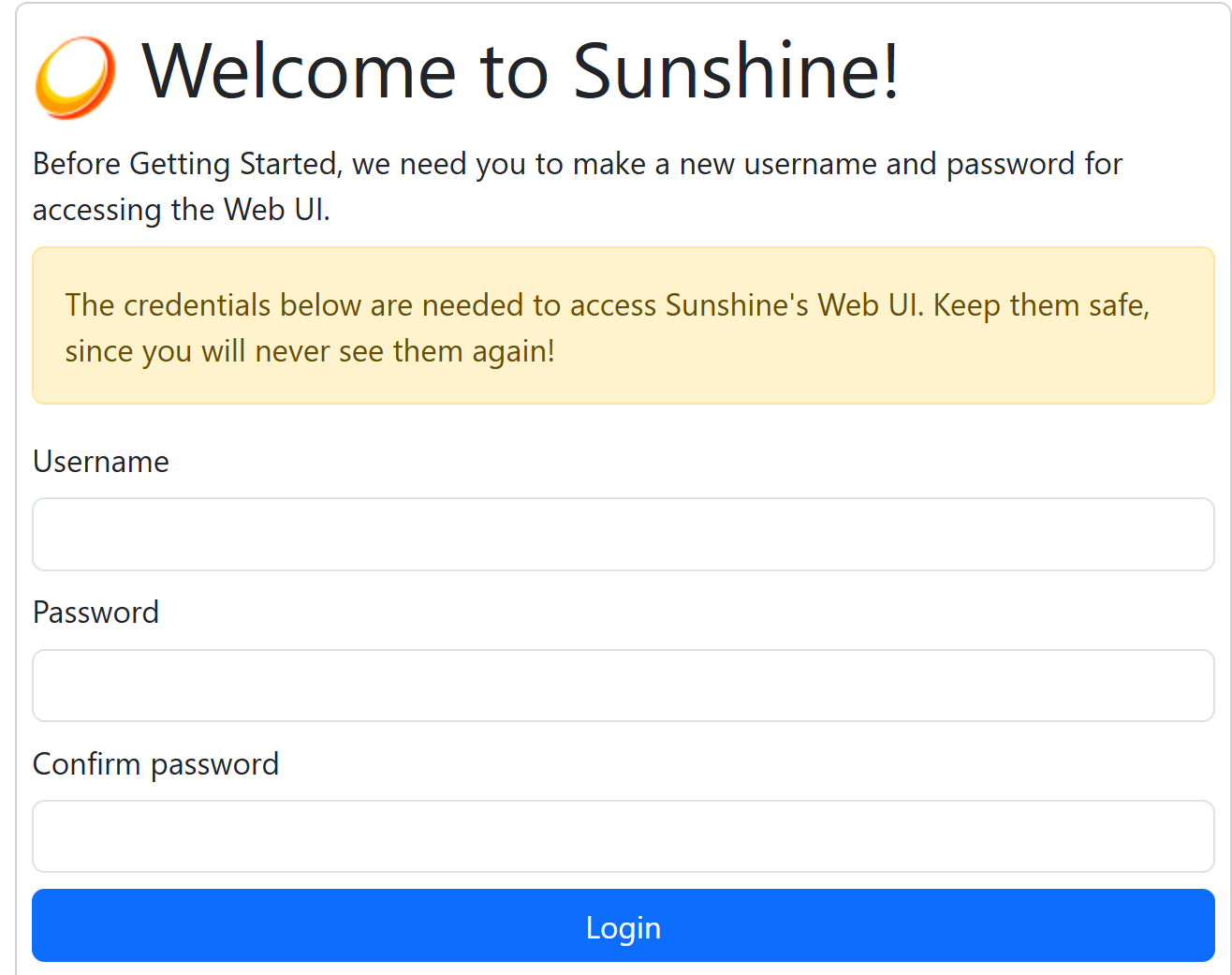 Экран входа в Sunshine Web UI. 