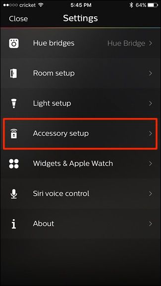 Меню Accessory setup в приложении Philips Hue