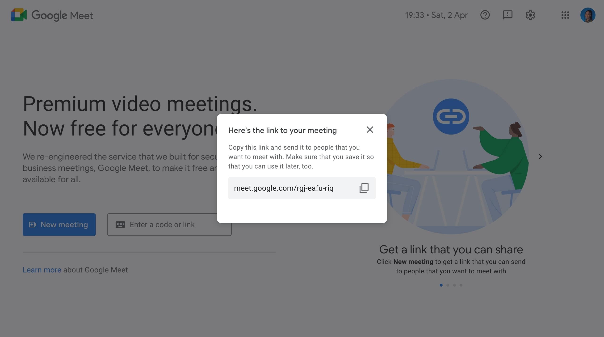 Пример ссылки Google Meet в интерфейсе