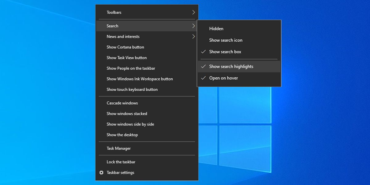 Меню панели задач с опцией Поиск