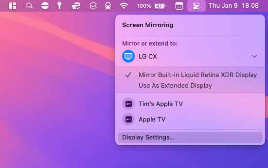 Доступ к настройкам дисплея через Control Center.