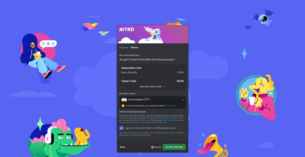Подтверждение оформления бесплатной подписки Nitro