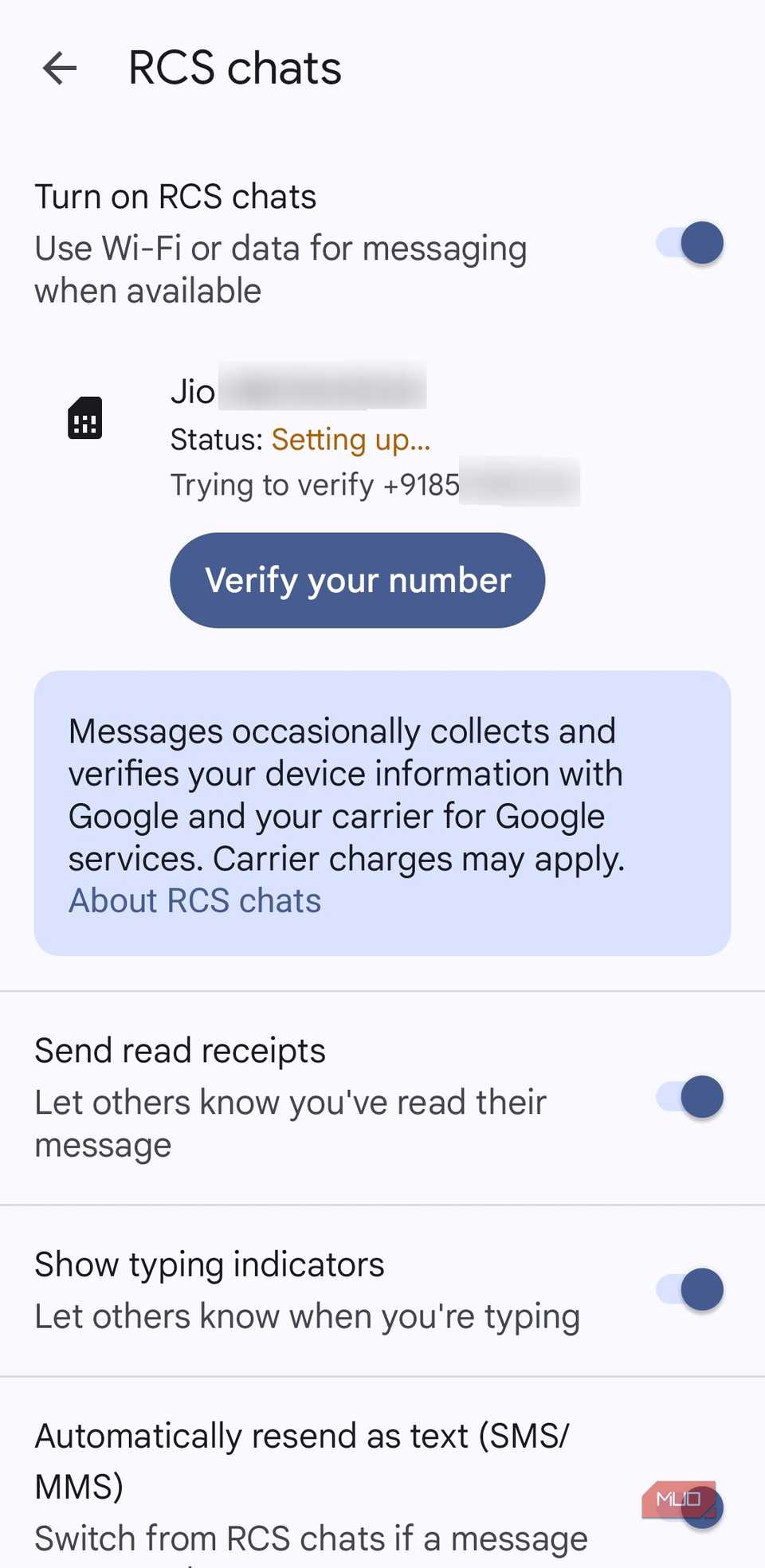Процесс настройки RCS в Google Messages
