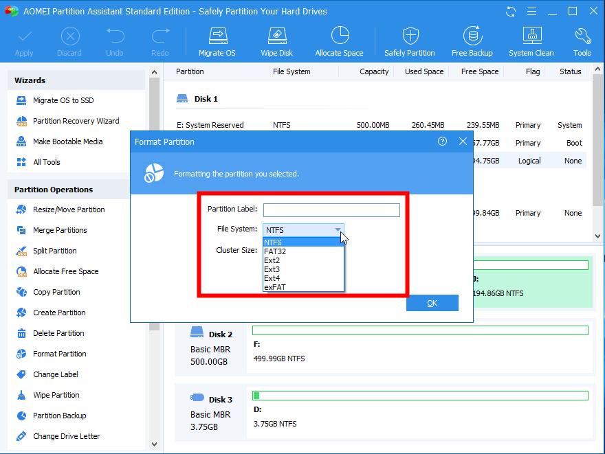 Selezione file system in AOMEI