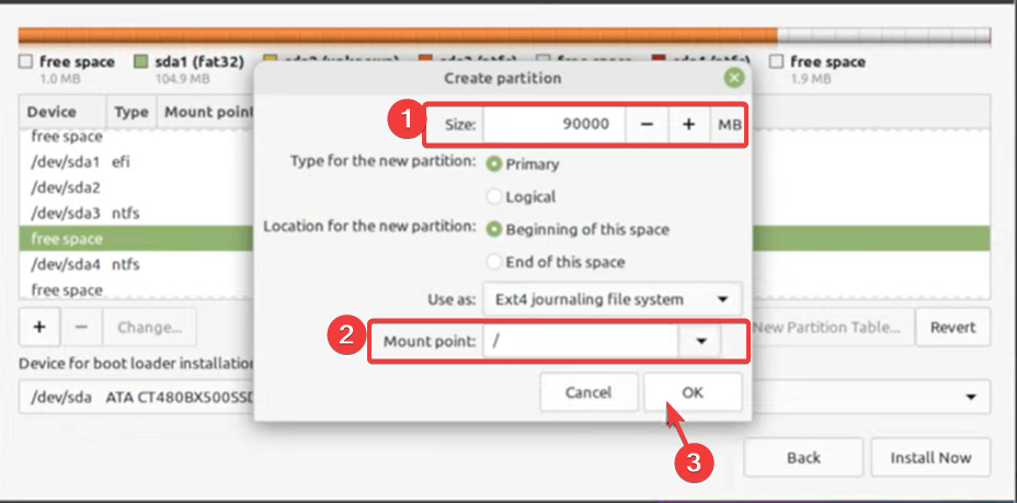 Настройка размера и точки монтирования '/' для корневого раздела