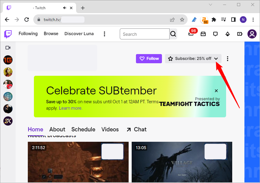 Кнопка подписки на странице канала Twitch