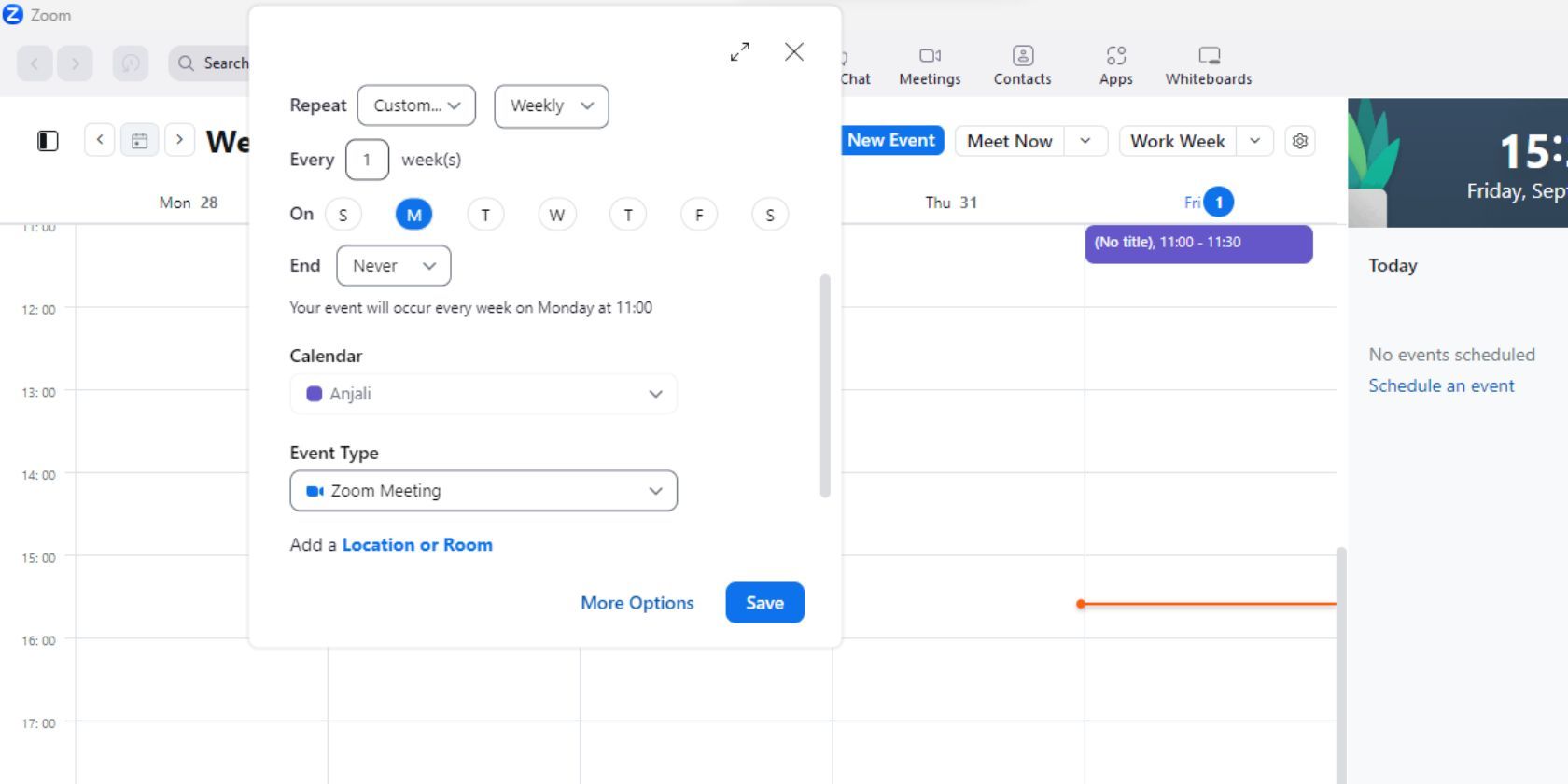Screenshot of Zoom's new event popup showing how to setup recurring meetings