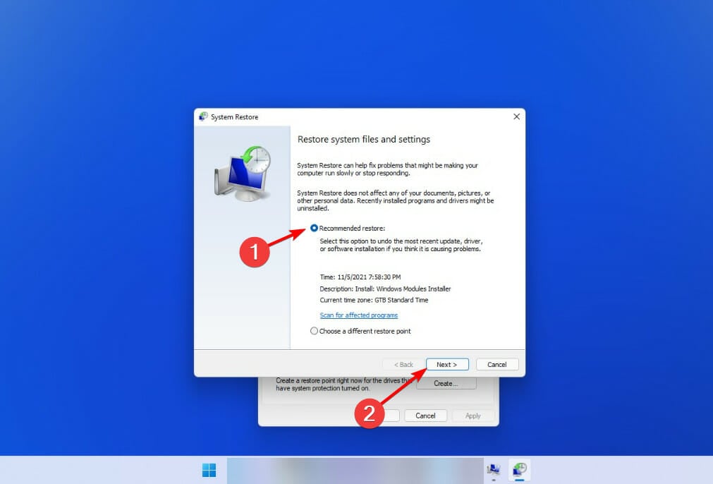 Выбор точки восстановления в мастере Восстановления системы