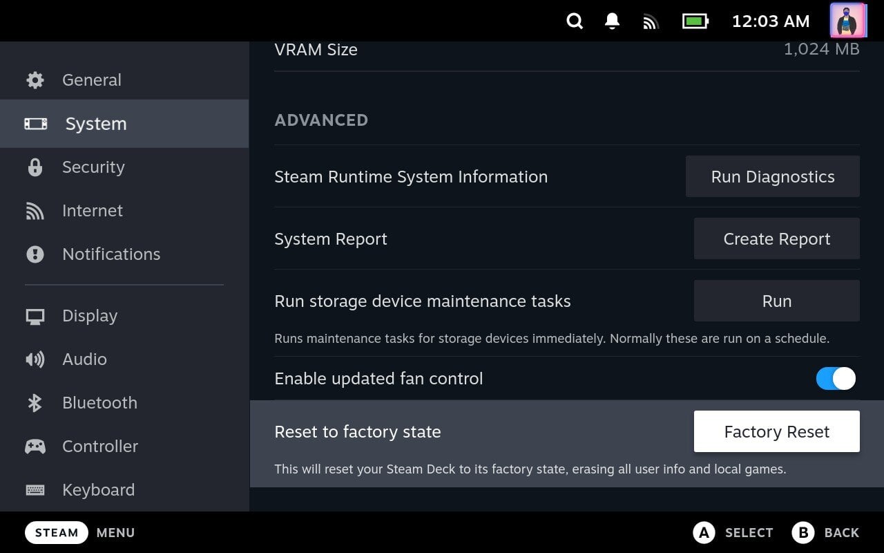 Опция Фабричный сброс в системных настройках Steam Deck